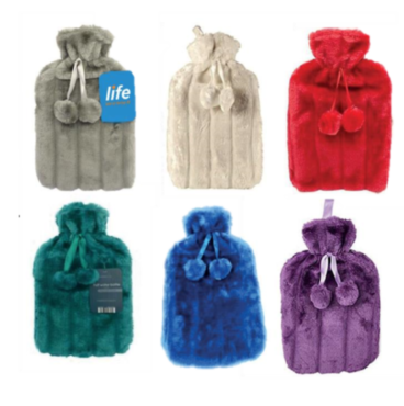 Life Hot Water Bottle + Fur Cover + Pom-Poms - Bulk buy