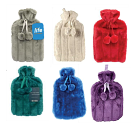 Life Hot Water Bottle + Fur Cover With Pom-Poms